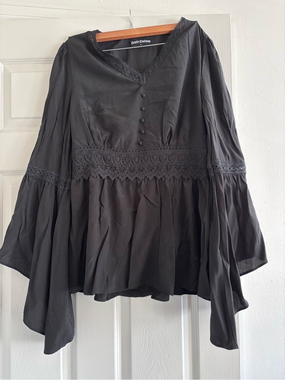 Black Lace-Trim V-Neck Peasant Tunic - Women - Picture 1 of 7